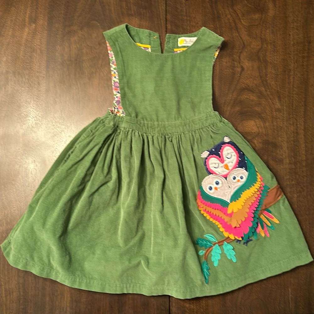 Girls Green Pinafore Dress with Owl Appliqué - MiniBoden - 4-5T